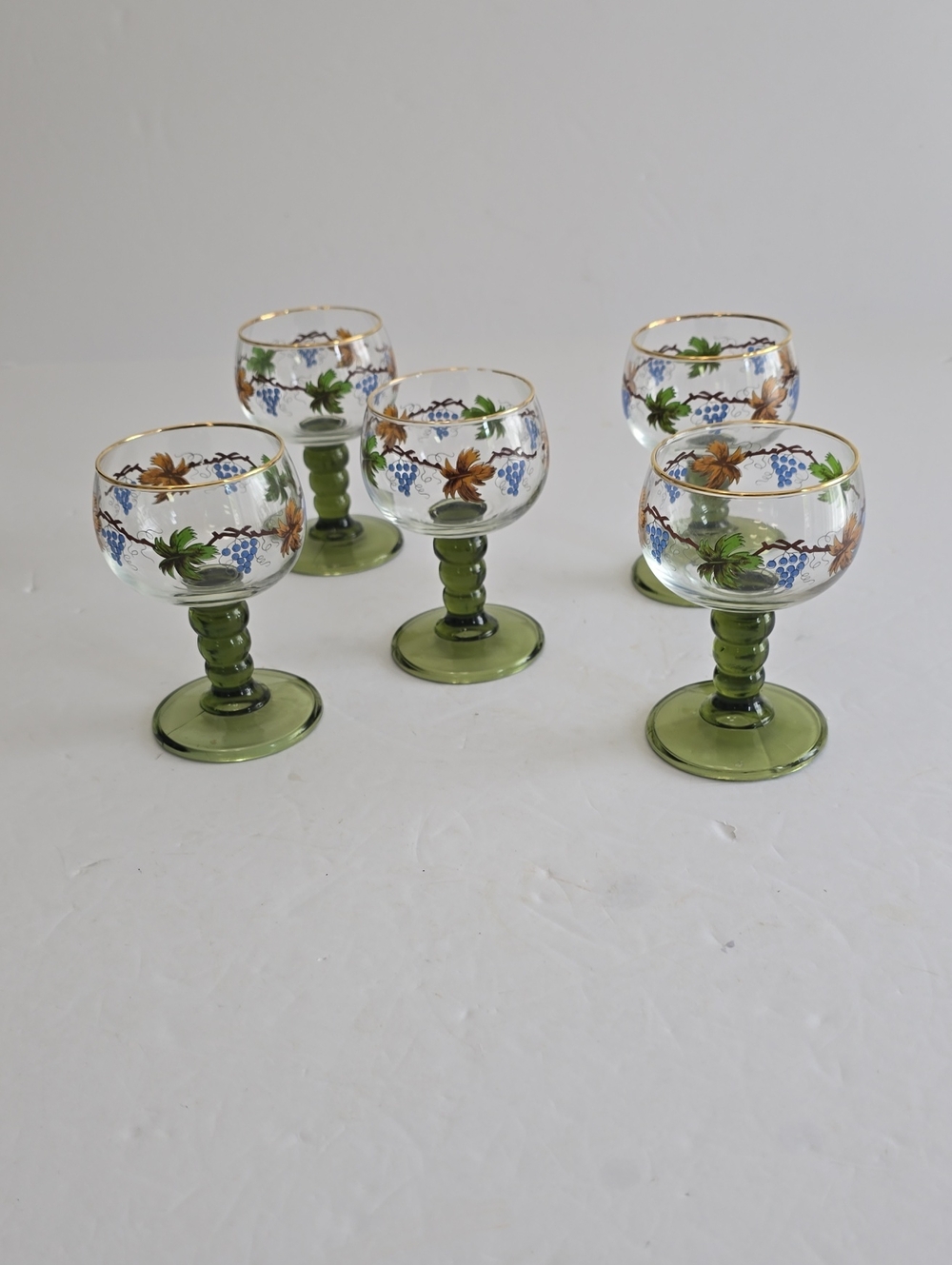 Vintage German Roemer Set Of 5 Grape Olive Green Wine Glasses Bubble Stem